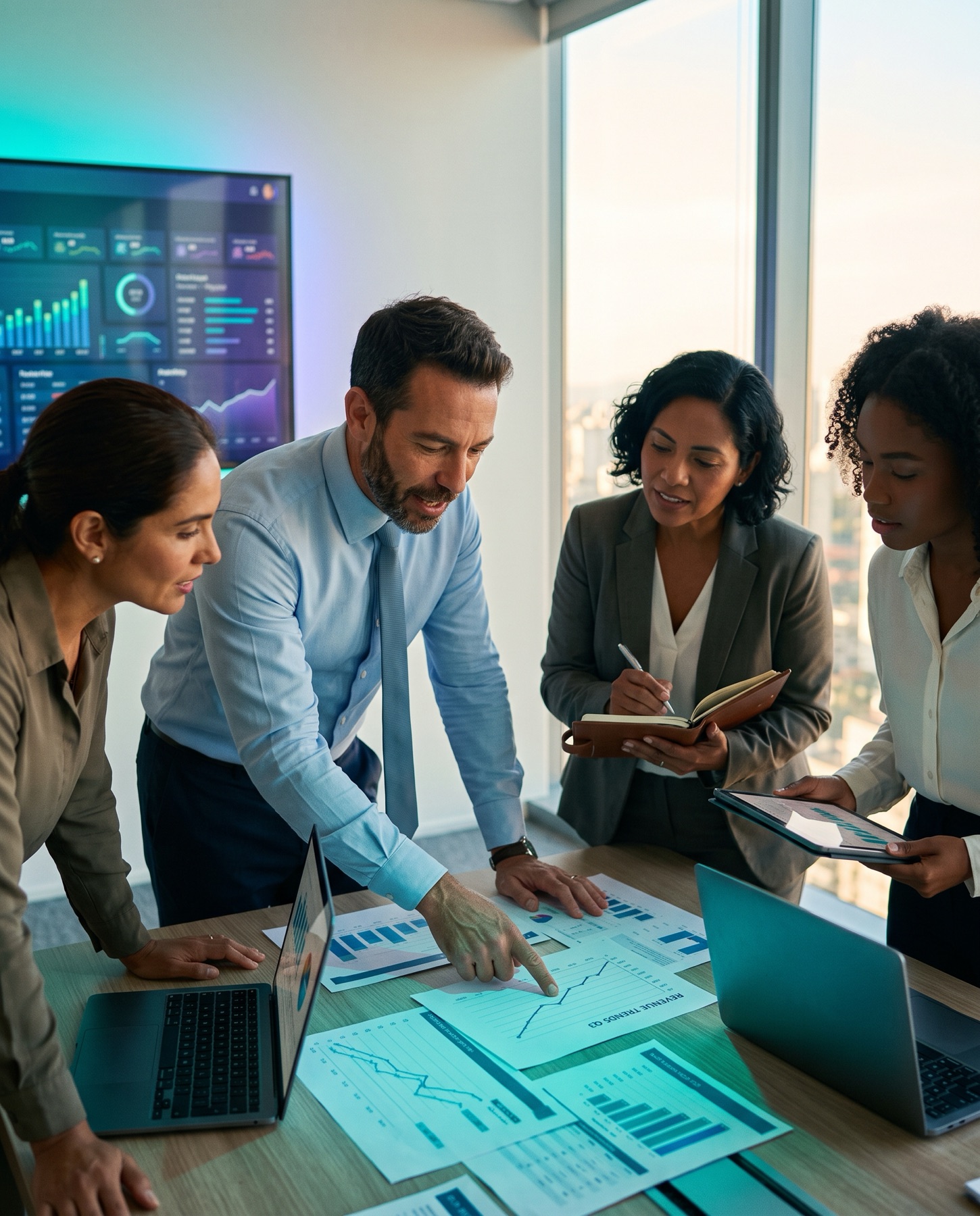 Equipo de asesores analizando gráficas de resultados sobre la mesa